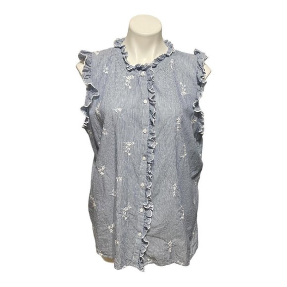 Talbots xl Blue White Striped Sleeveless Ruffle Detail Button Down Shirt - Picture 2 of 6